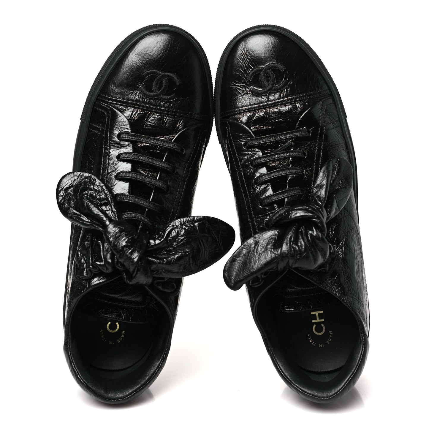 Crumpled Calfskin Womens CC Bow Sneakers 40 Black