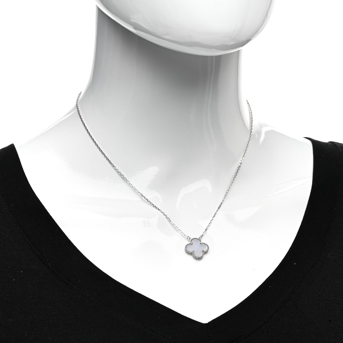 18K White Gold Chalcedony Vintage Alhambra Pendant Necklace