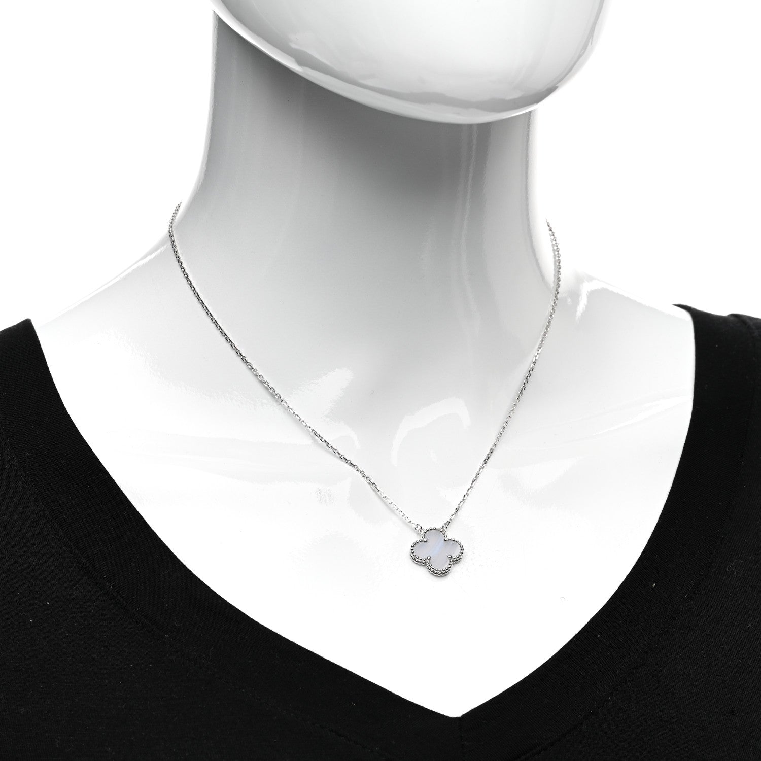 Van Cleef & Arpels 18K White Gold Chalcedony Vintage Alhambra Pendant Necklace 2 of 6