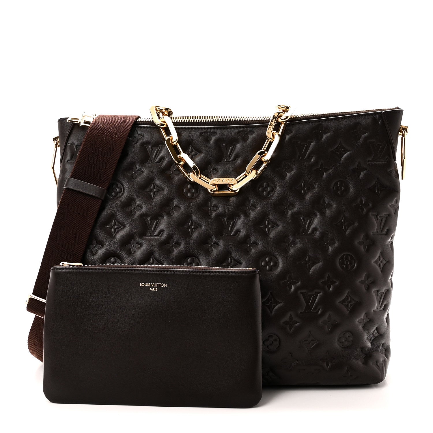 Louis Vuitton Calfskin Embossed Monogram Coussin Hobo MM Chocolate 3 of 10
