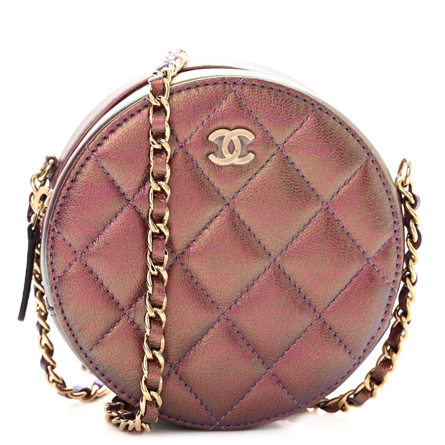 Iridescent Lambskin Quilted Round Clutch With Chain Purple