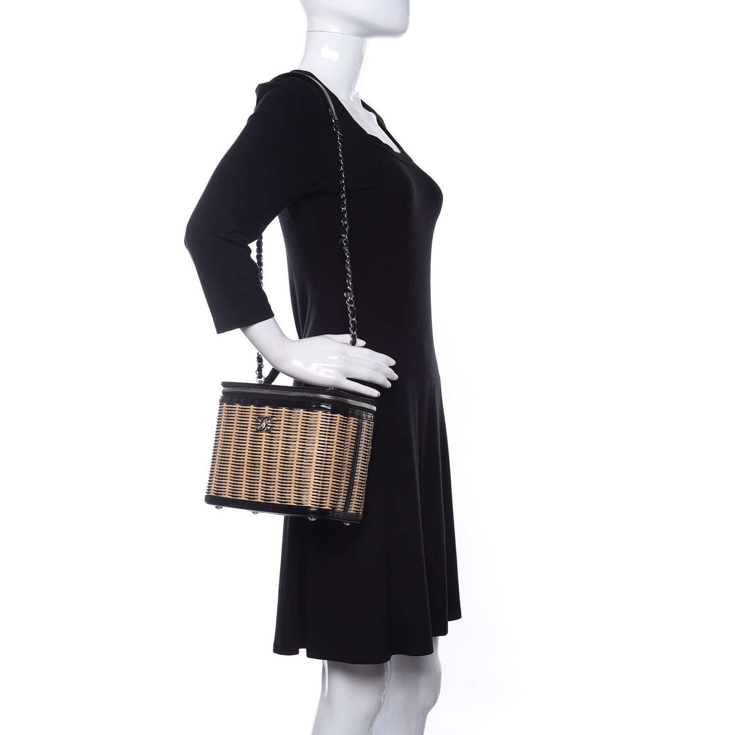 Glazed Calfskin Raffia Vanity Case Bag Black Beige