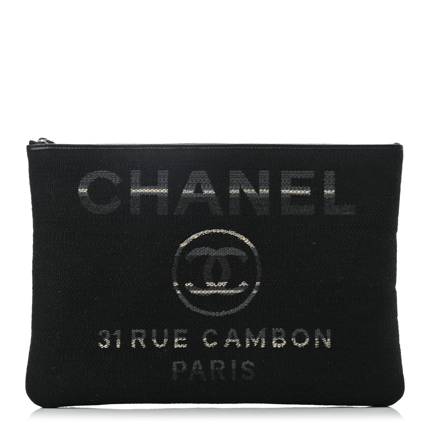 Chanel Striped Canvas Large Deauville Pouch Clutch Black 1 of 7