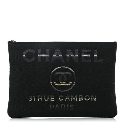 Chanel Striped Canvas Large Deauville Pouch Clutch Black 1 of 7