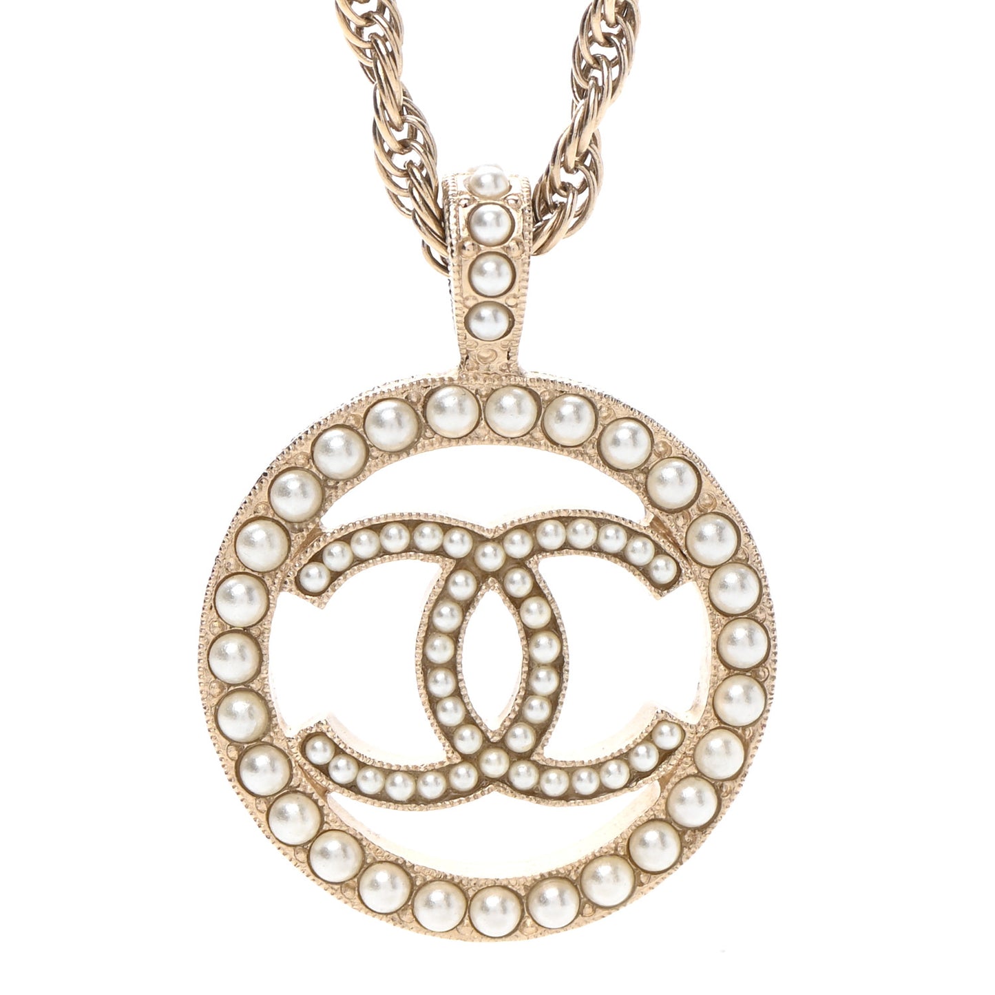 Pearl CC Round Pendant Necklace Gold