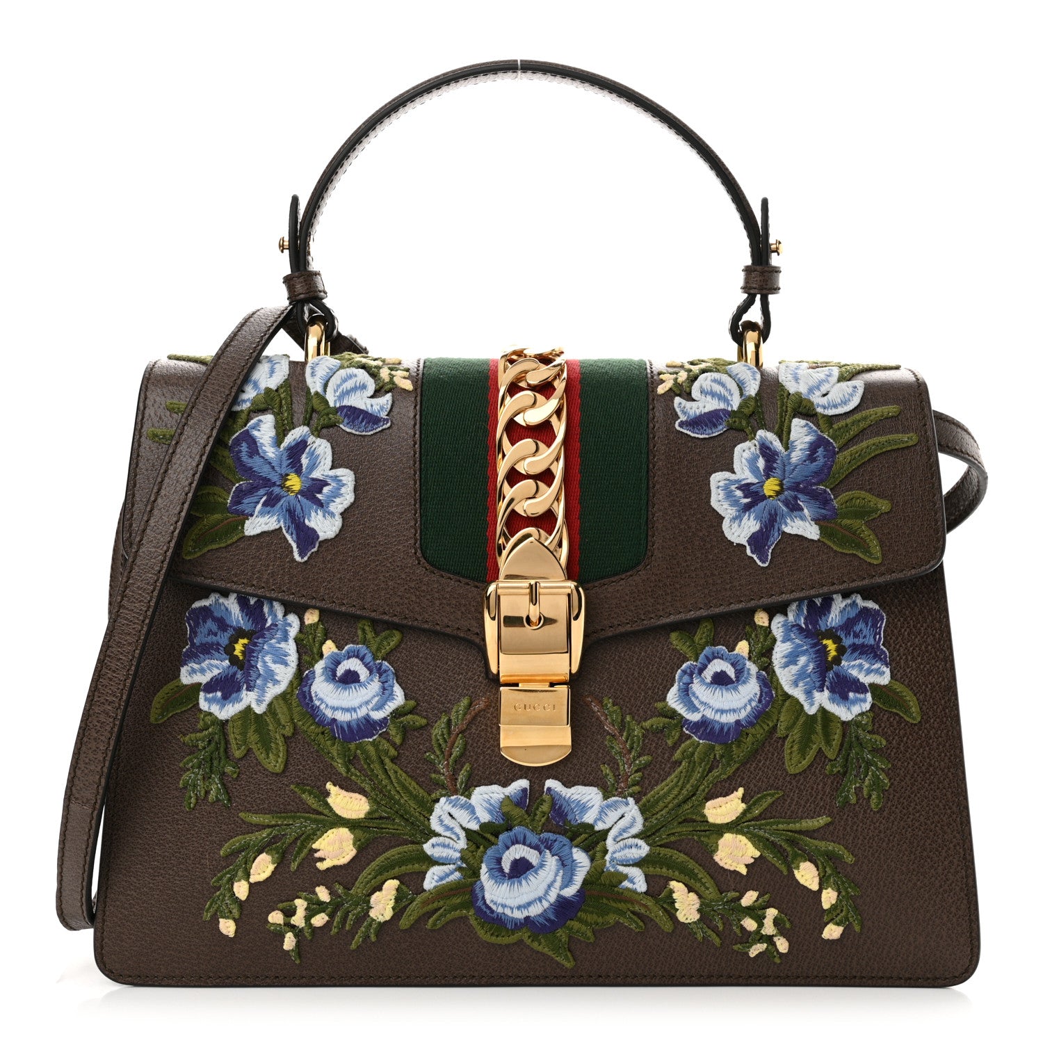 Gucci Calfskin Embroidered Medium Sylvie Top Handle Bag New Acero Multicolor 1 of 11