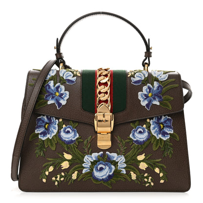 Gucci Calfskin Embroidered Medium Sylvie Top Handle Bag New Acero Multicolor 1 of 11