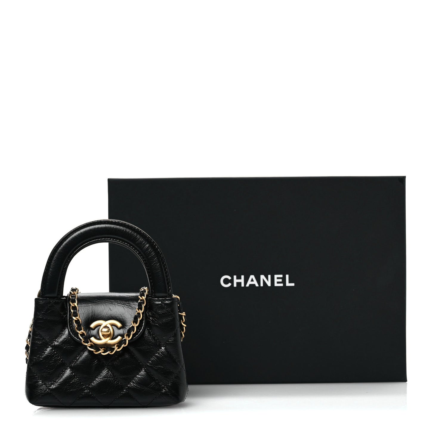 Shiny Aged Calfskin Quilted Mini Nano Kelly Shopper Black