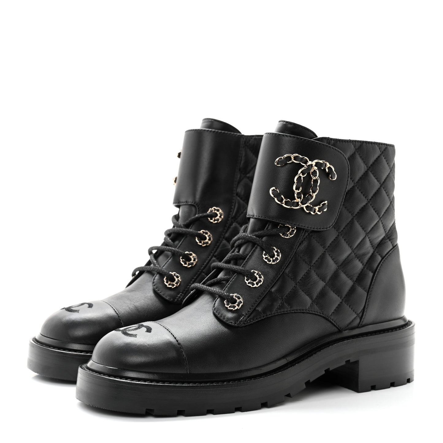 Shiny Lambskin Quilted Lace Up Combat Boots 38 Black