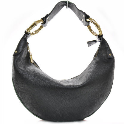 Gucci Pebbled Calfskin Web Bamboo Ring Hobo Black 1 of 8