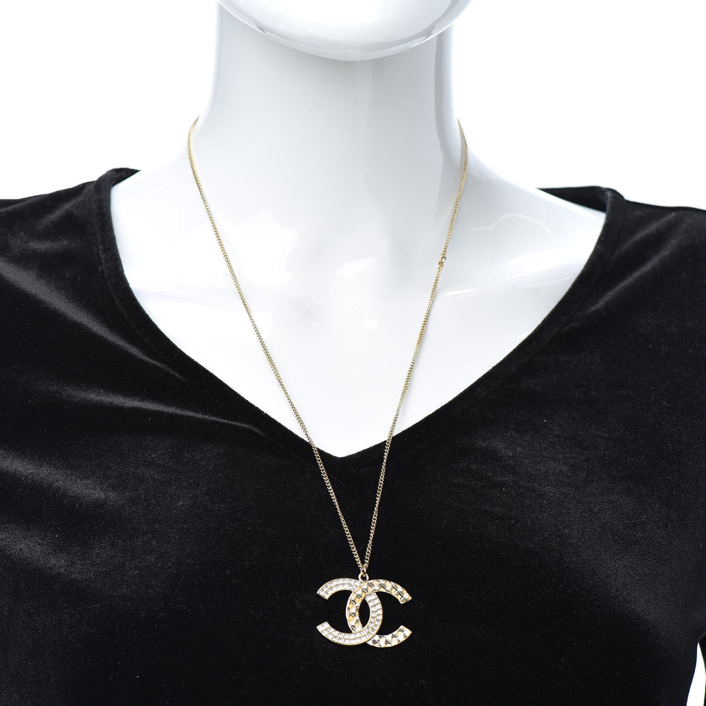 Baguette Crystal Quilted CC Pendant Necklace Gold