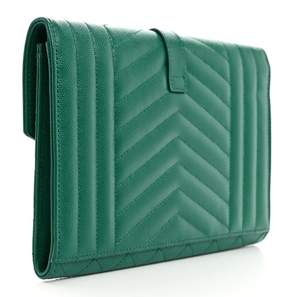 Saint Laurent Grain De Poudre Textured Mixed Matelasse Triquilt Monogram Clutch Green Field 3 of 8
