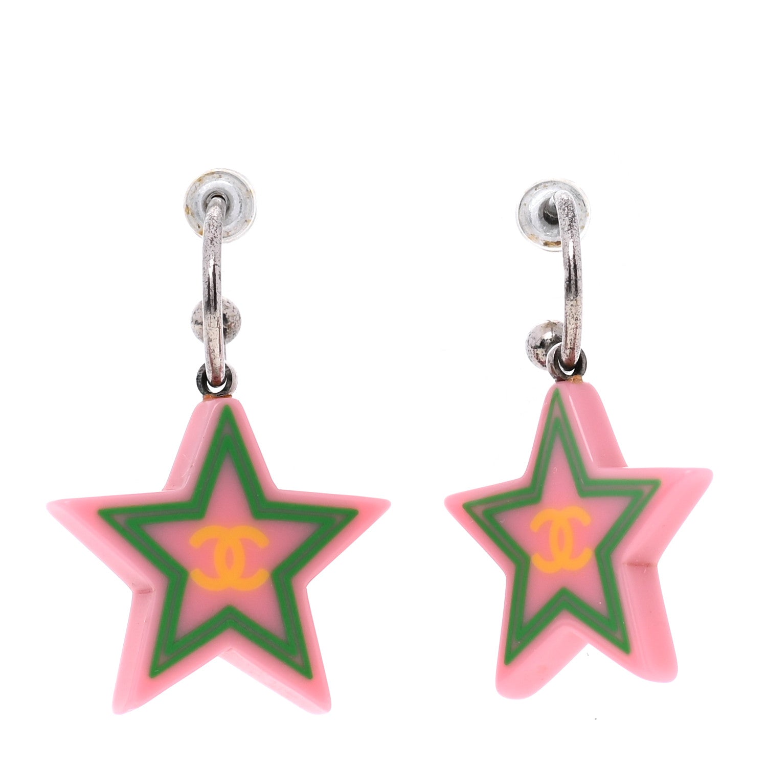 Chanel Resin CC Star Drop Earrings Pink Green 1 of 3