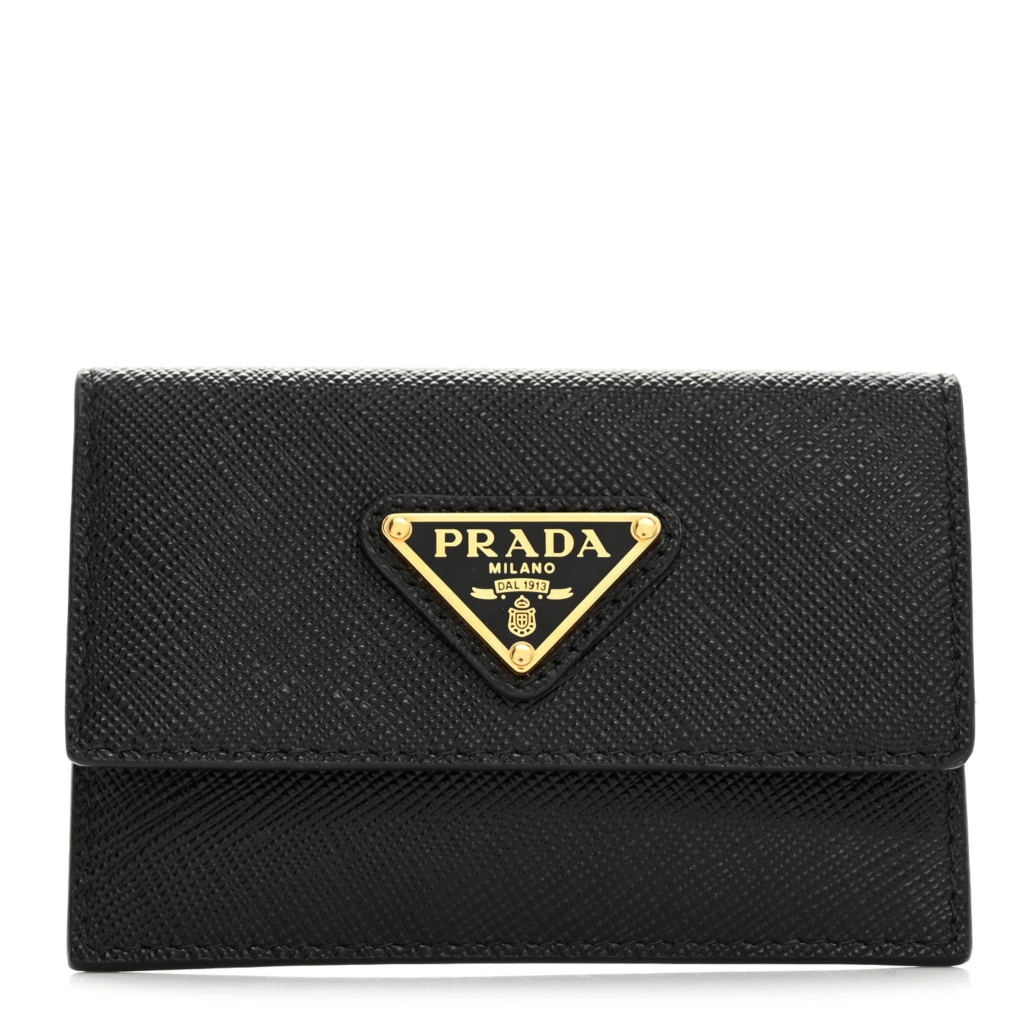 Prada Saffiano Triangle Bi-Fold Card Holder Wallet Black 1 of 8