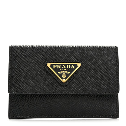 Prada Saffiano Triangle Bi-Fold Card Holder Wallet Black 1 of 8
