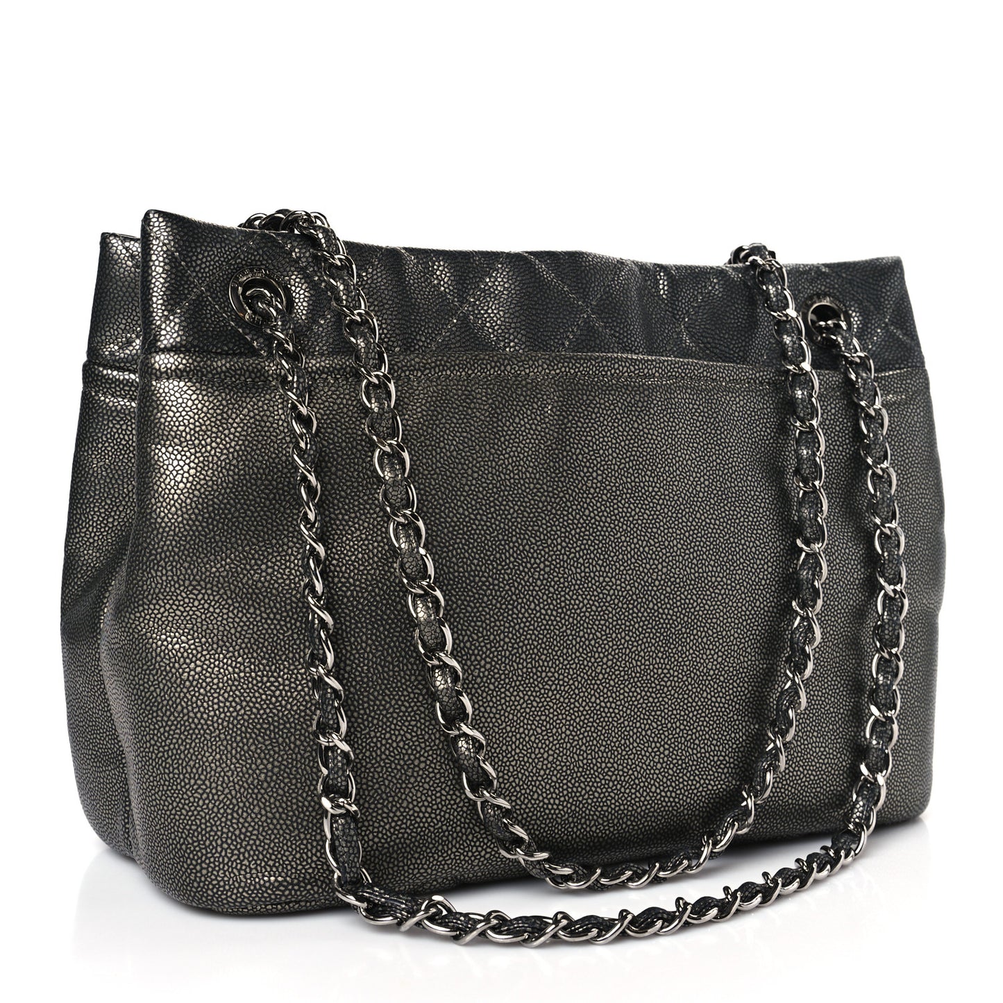 Metallic Caviar Quilted CC Timeless Tote Dark Silver
