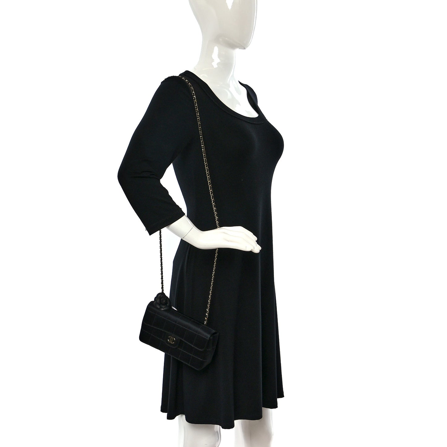 Satin Chocolate Bar Quilted Camellia Rectangular Mini Flap Black