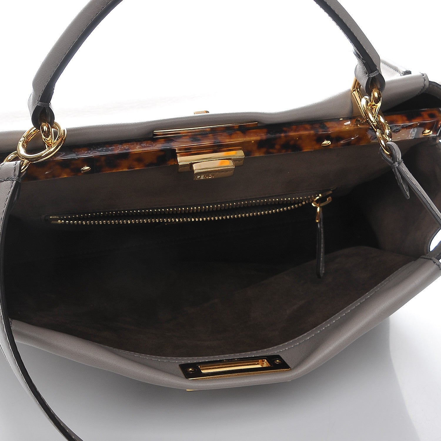 Fendi Vitello Seta Suede Plexiglass Tortoise Large Peekaboo Iconic Satchel Asfalto Marrone 6 of 8