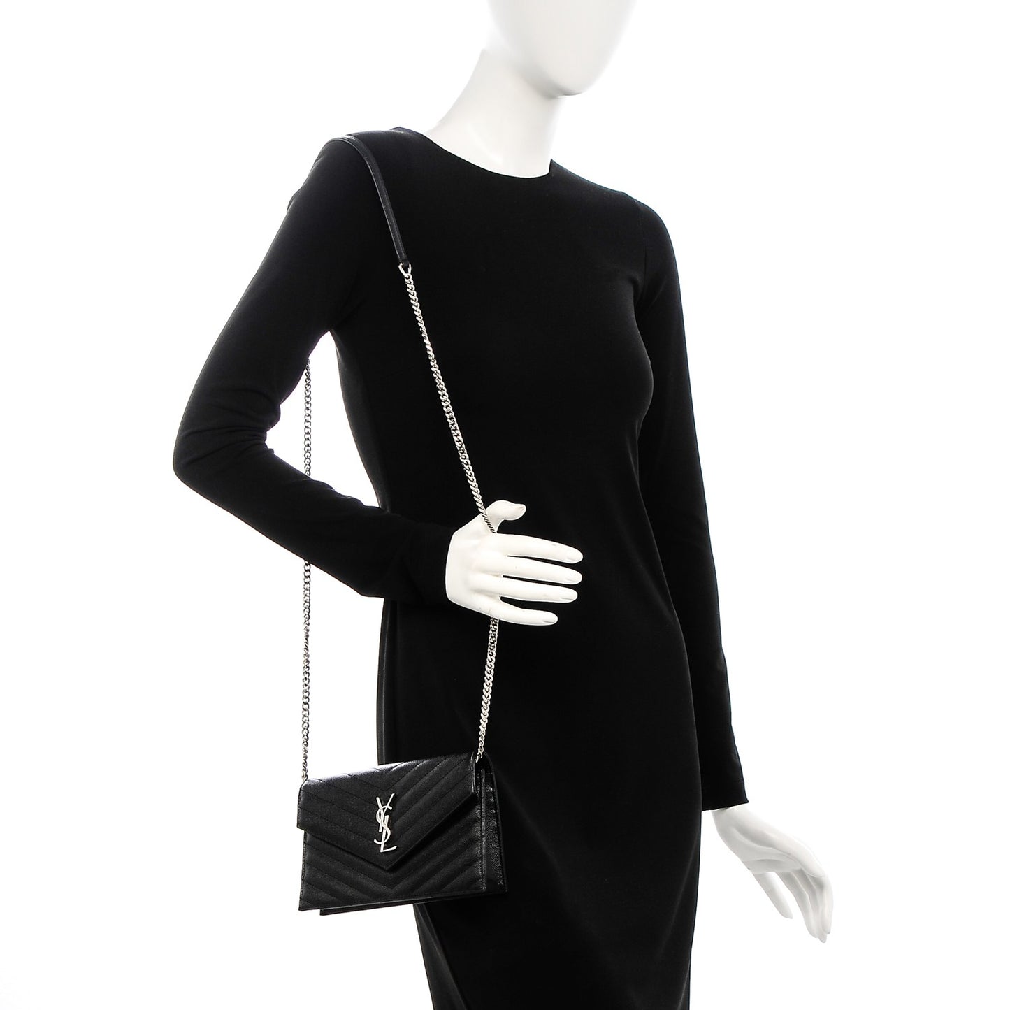 Grain De Poudre Matelasse Chevron Monogram Envelope Chain Wallet Black