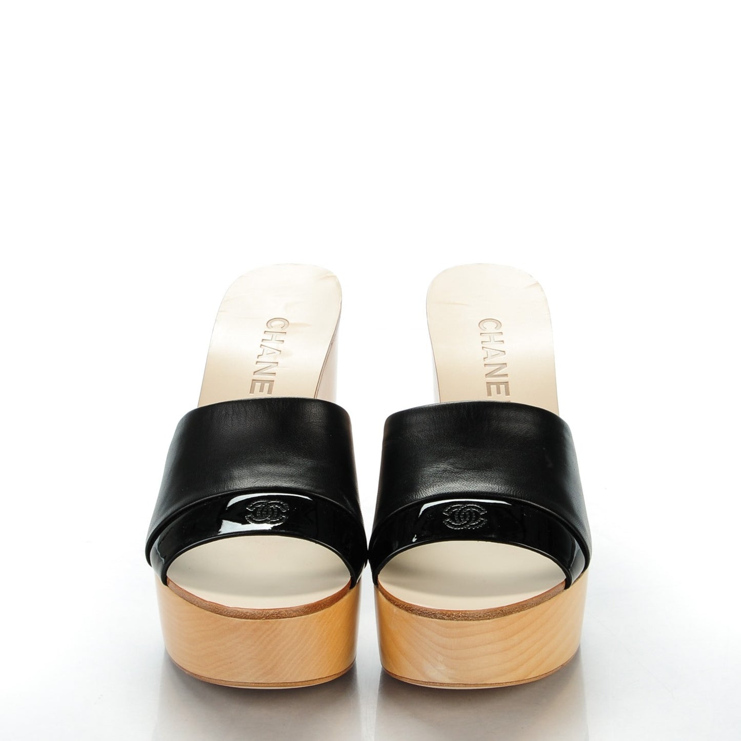 Calfskin Patent Wood CC Mules 37 Black