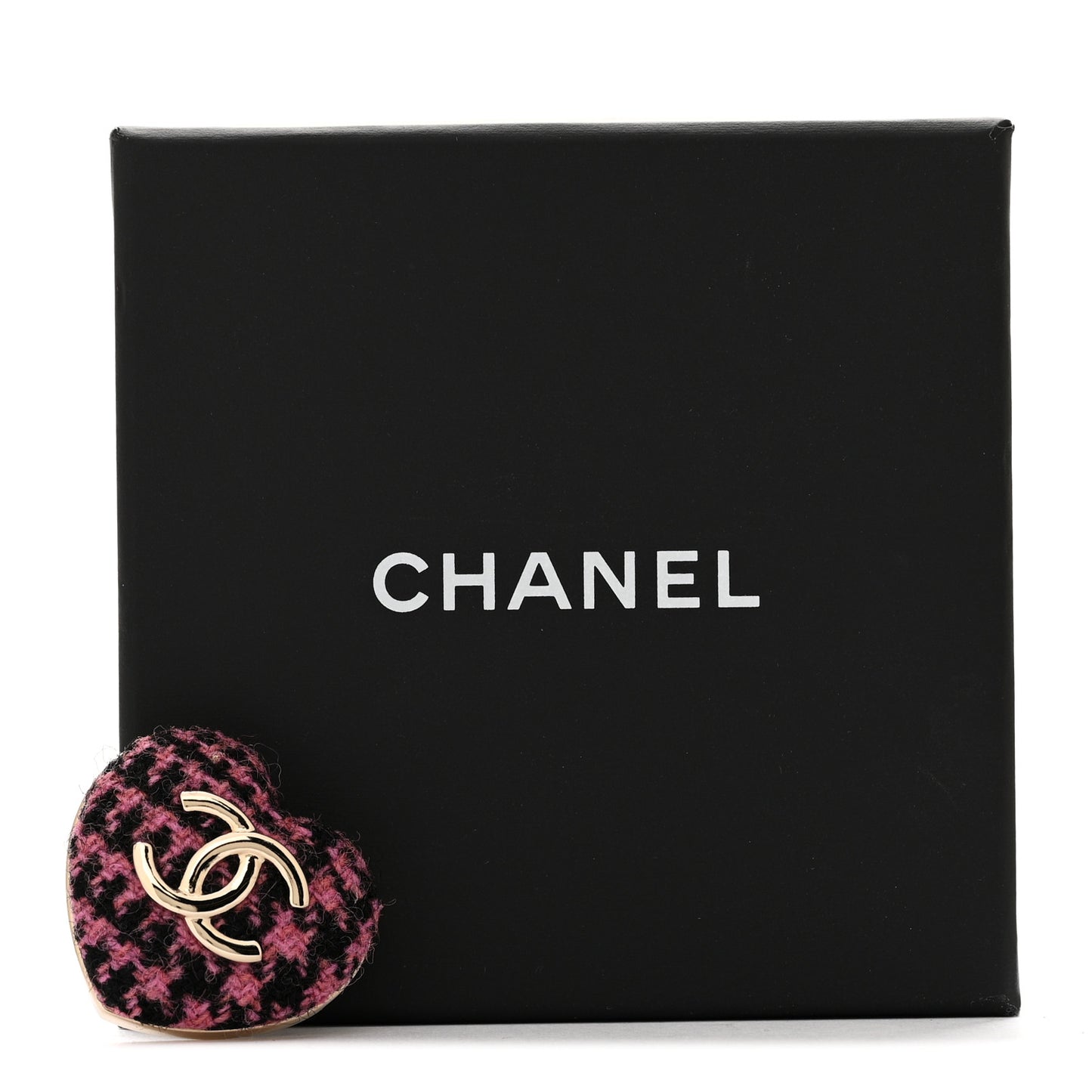 Tweed CC Heart Brooch Pink Black Gold