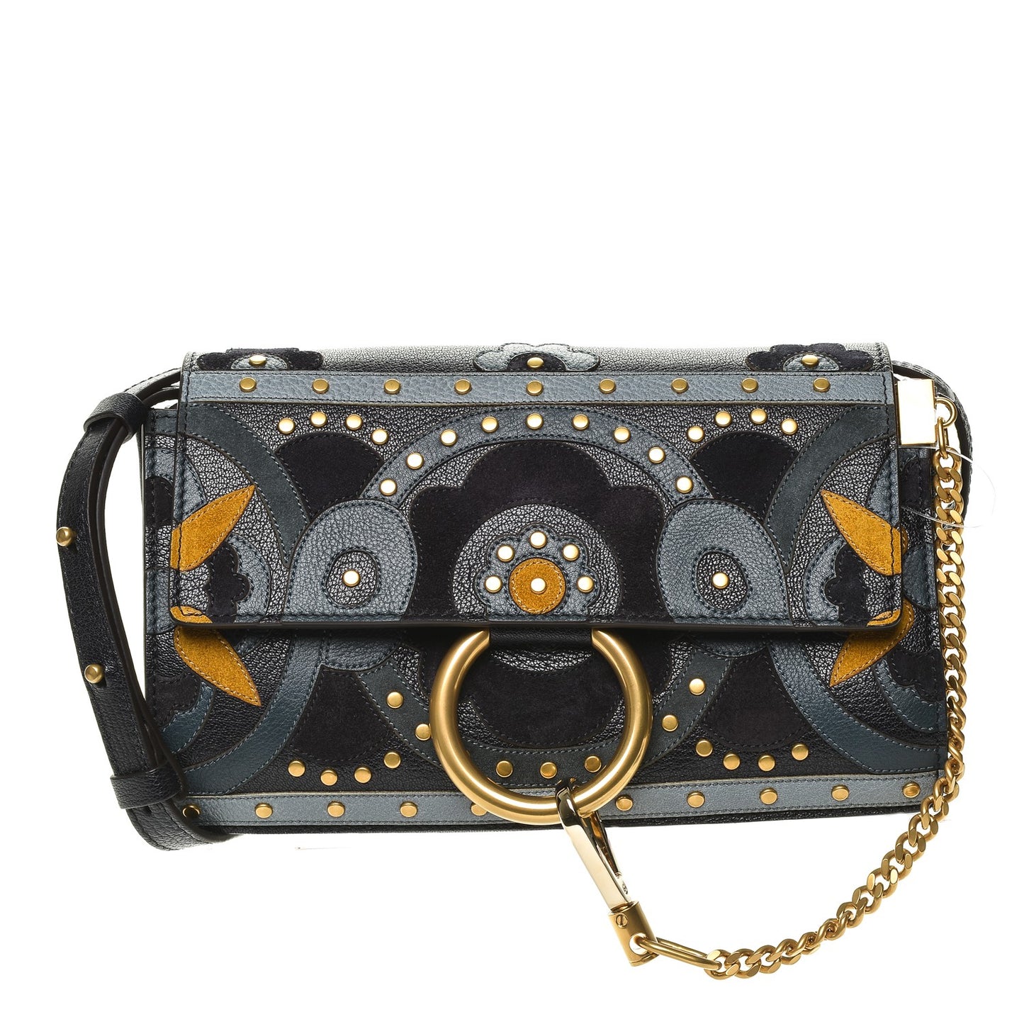 Calfskin Suede Floral Patchwork Studded Small Faye Shoulder Bag Full Blue