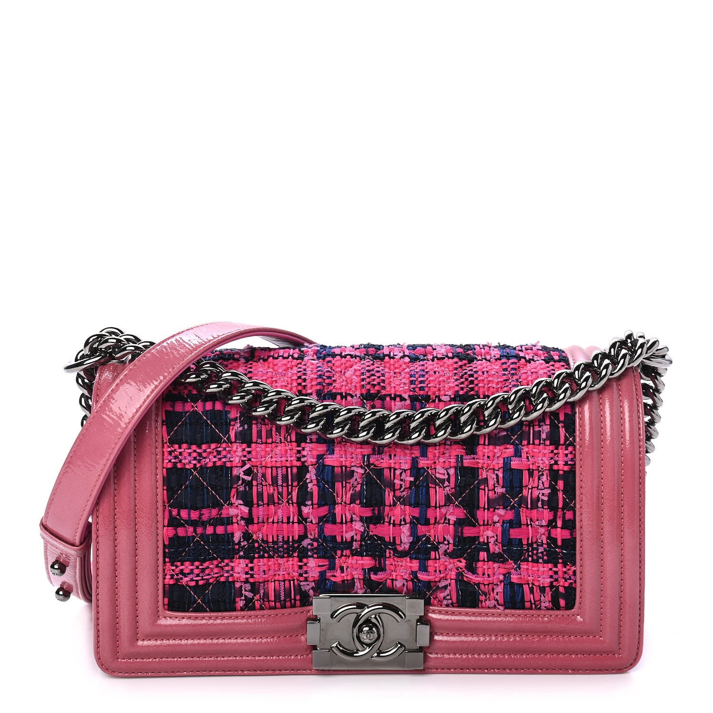 Patent Tweed Medium Boy Flap Fuchsia