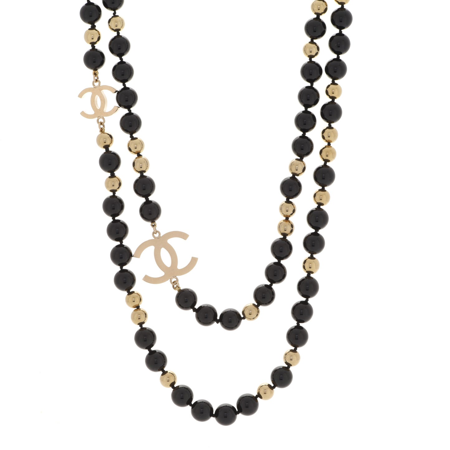 Beaded CC Long Necklace Black Gold