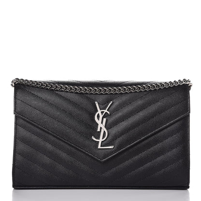 Saint Laurent Grain De Poudre Matelasse Chevron Monogram Chain Wallet Black 1 of 6