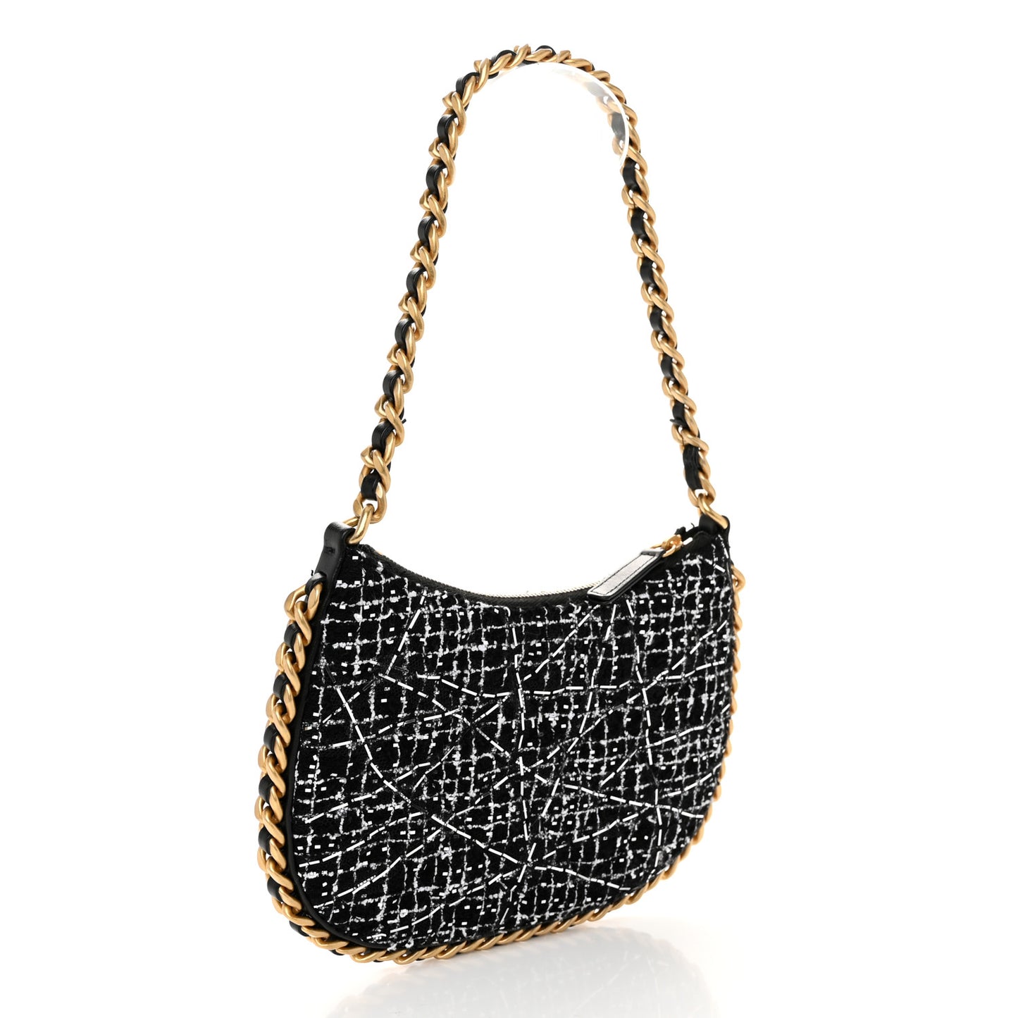 Tweed Sequin Quilted Trendy Chain Around Hobo Black White