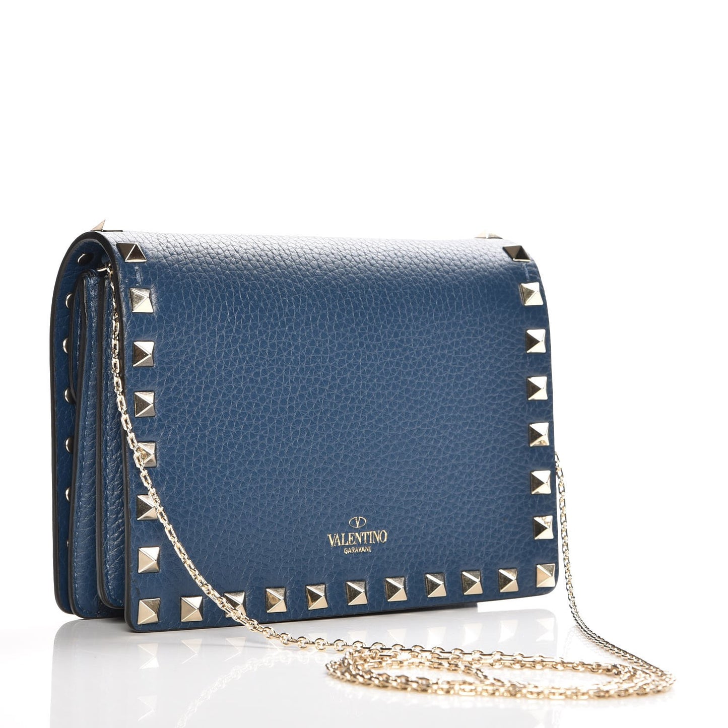 Grained Calfskin Rockstud Wallet on Chain Peacock