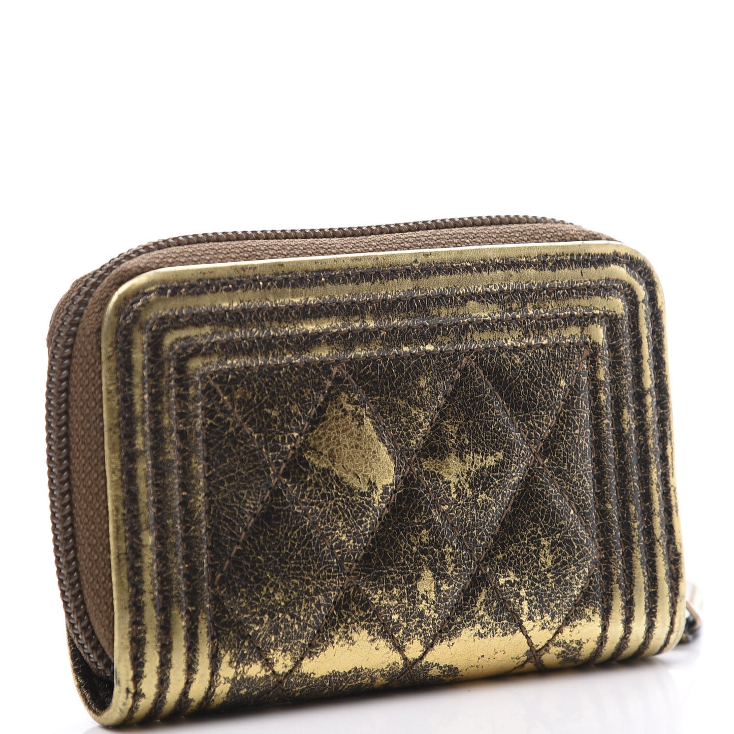Cracked Metallic Calfskin Quilted Boy Zip Around Coin Purse Wallet Gold