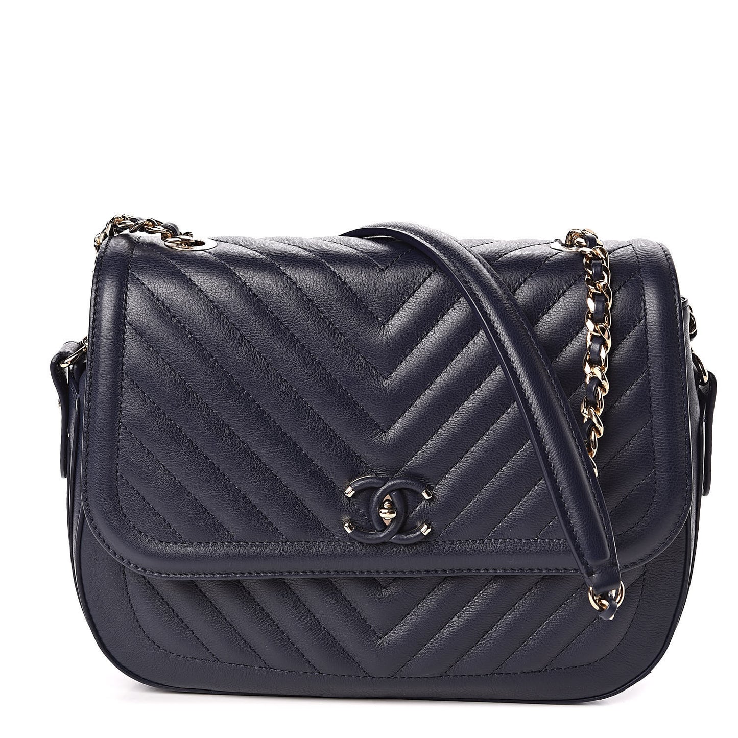 Calfskin Chevron Quilted Messenger Flap Navy