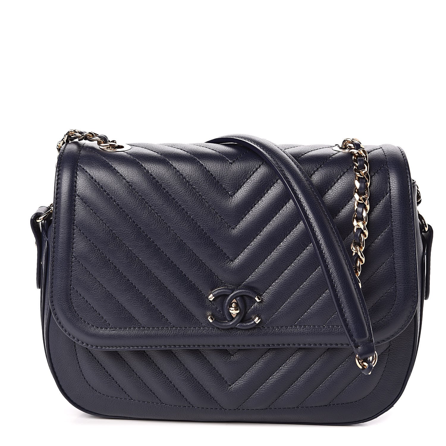 Chanel Calfskin Chevron Quilted Messenger Flap Navy 1 of 10