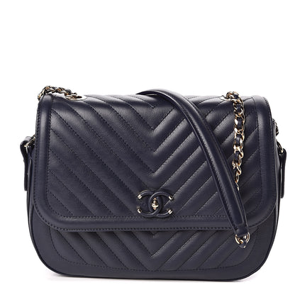 Chanel Calfskin Chevron Quilted Messenger Flap Navy 1 of 10
