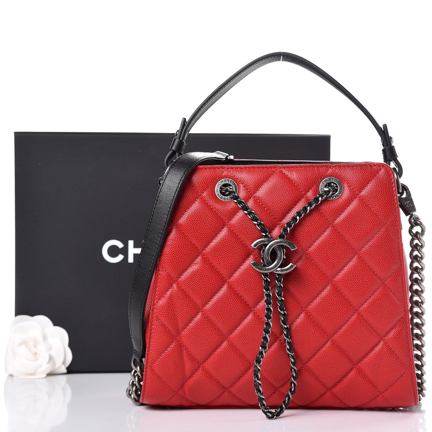 Caviar Quilted Small CC Bucket Bag Red Black