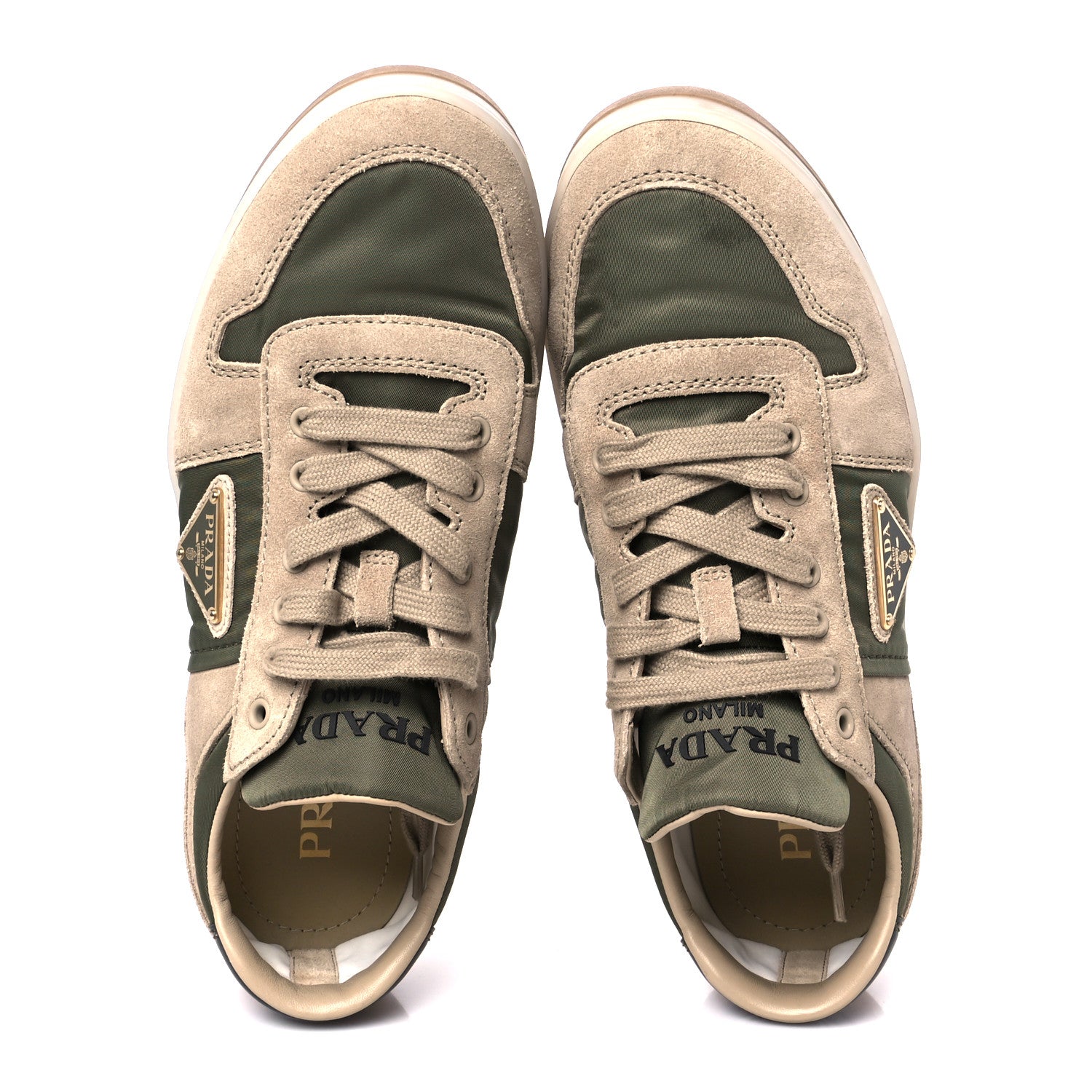 Prada Nylon Suede Metal Triangle Logo Mens Downtown Low Top Sneakers 39 Khaki Beige 2 of 10