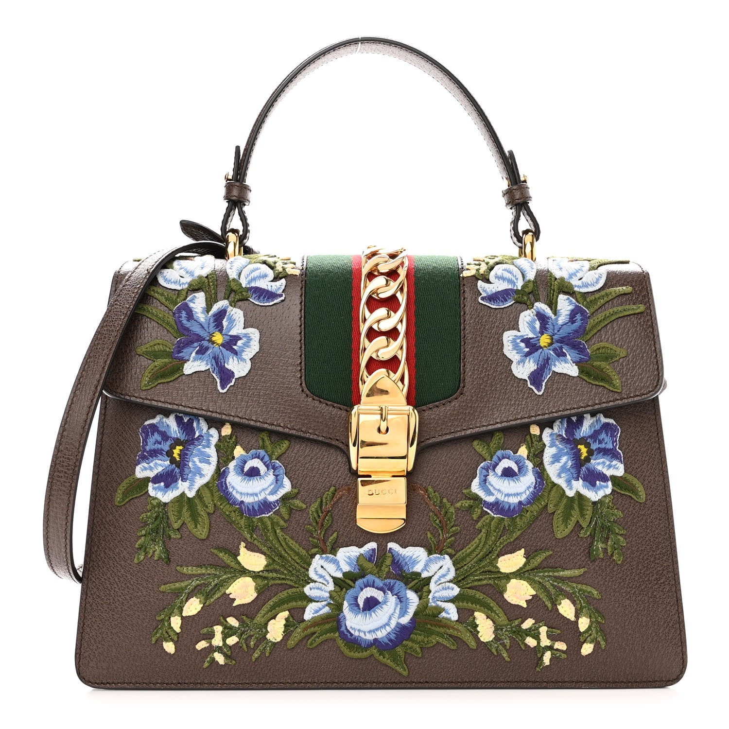 Gucci Calfskin Embroidered Medium Sylvie Top Handle Bag New Acero Multicolor 1 of 9