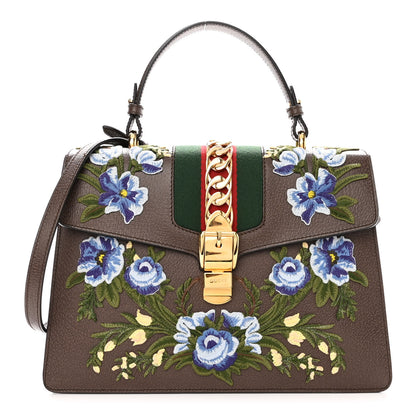 Gucci Calfskin Embroidered Medium Sylvie Top Handle Bag New Acero Multicolor 1 of 9