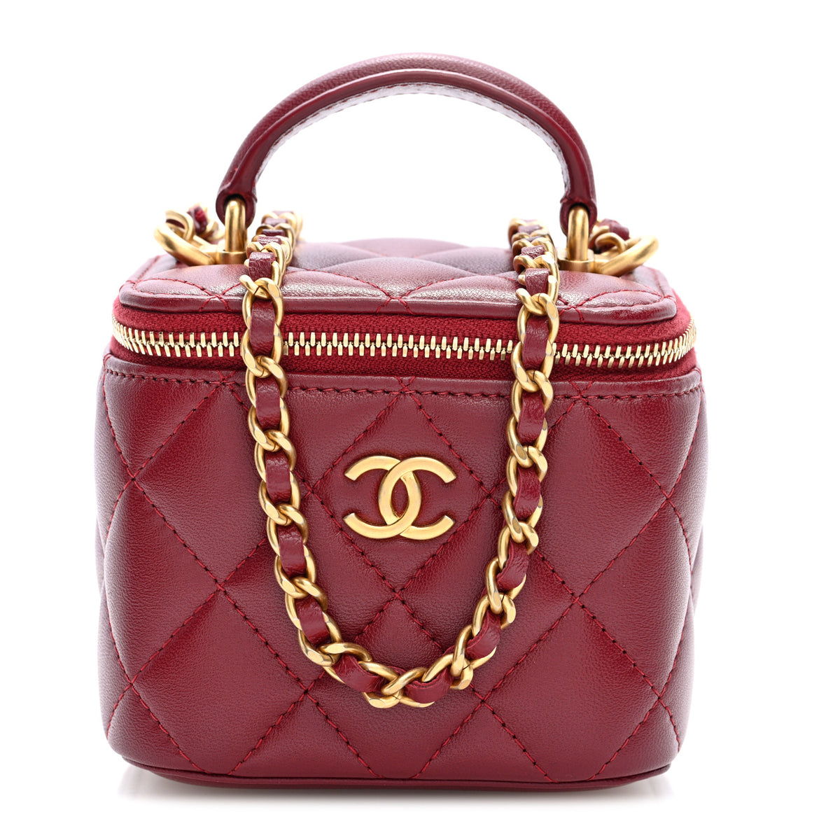 Lambskin Quilted Mini Top Handle Vanity Case With Chain Burgundy