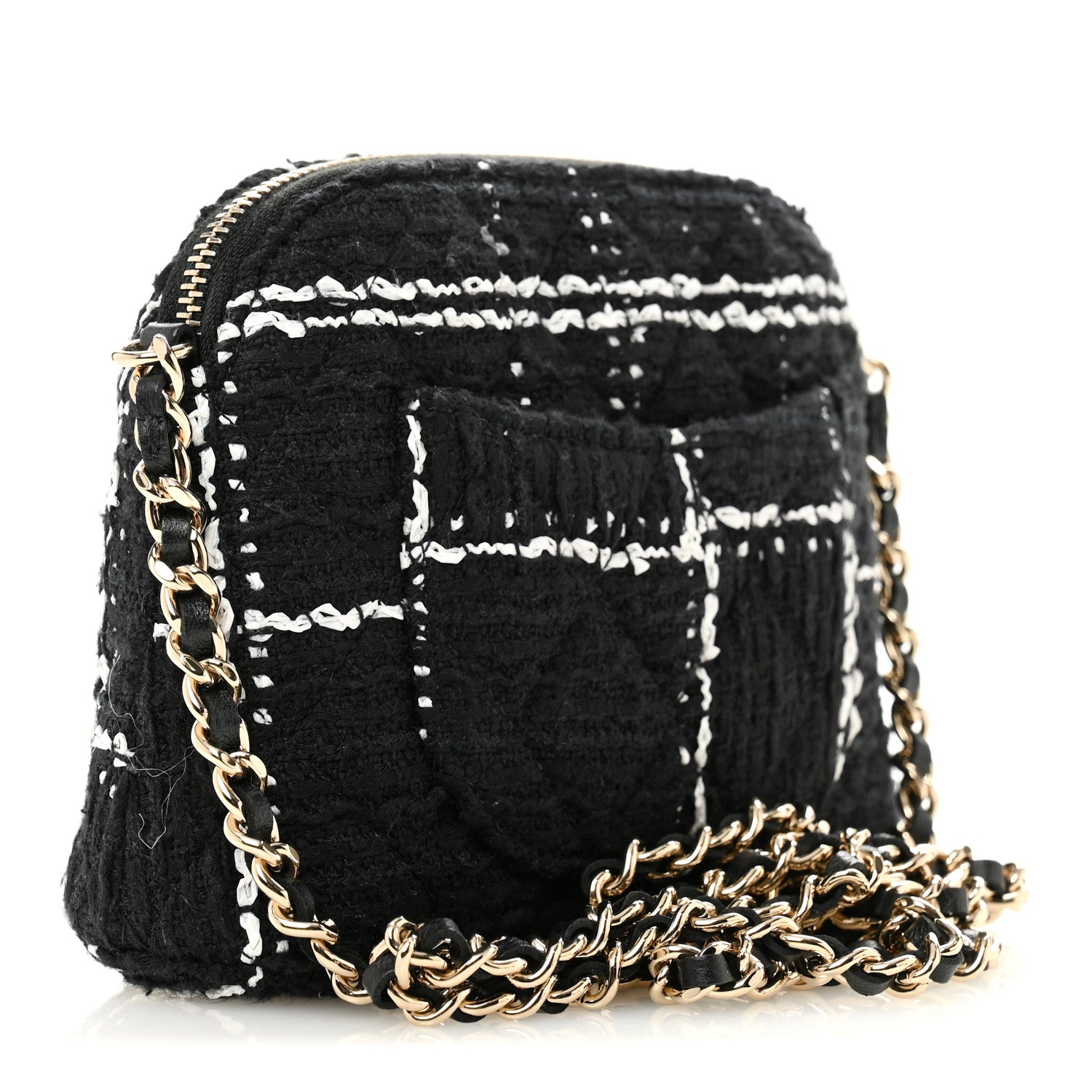 Chanel Tweed Quilted Mini Clutch With Chain  Black White 3 of 10