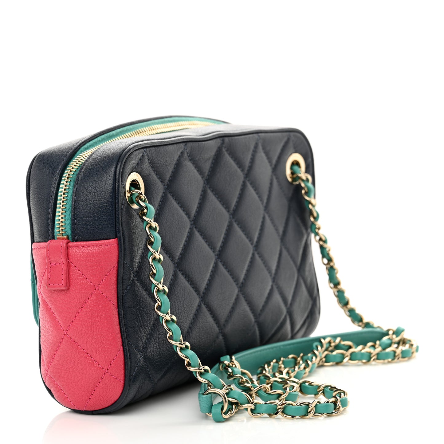Goatskin Quilted Tri-Color Small In & Out Camera Case Navy Turquoise Pink