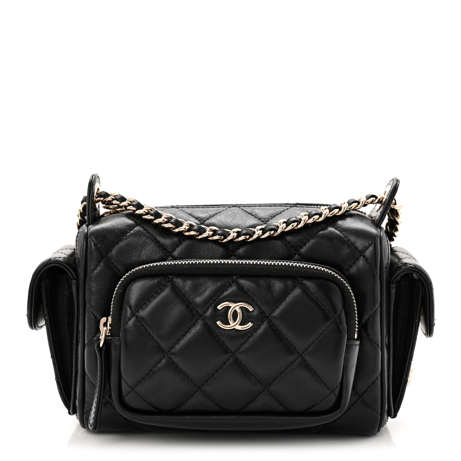 Chanel Shiny Crumpled Lambskin Quilted Small Preppy Pocket Camera Case Black 1 of 9