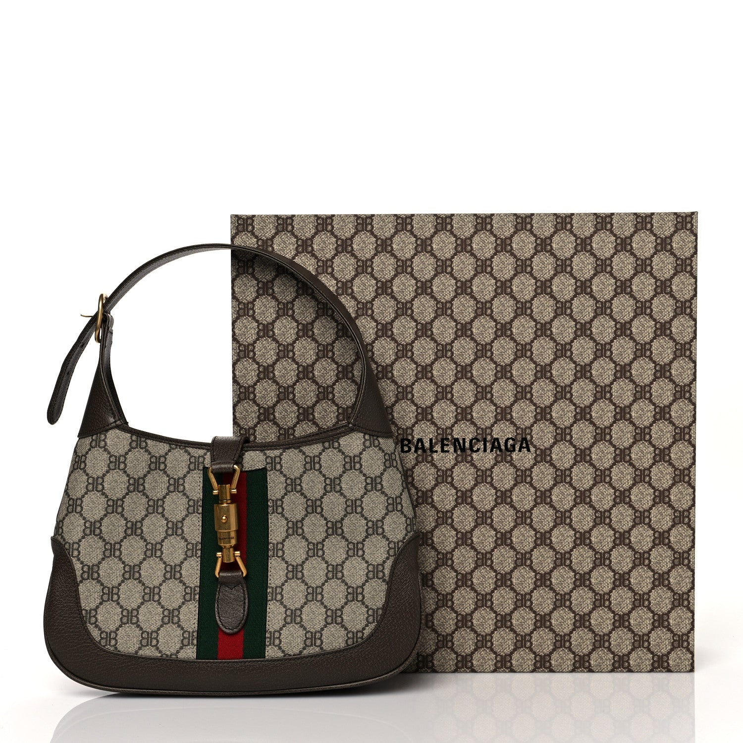 Gucci X BALENCIAGA BB Supreme Monogram Calfskin Web Small Jackie 1961 Hobo Beige Ebony 11 of 11
