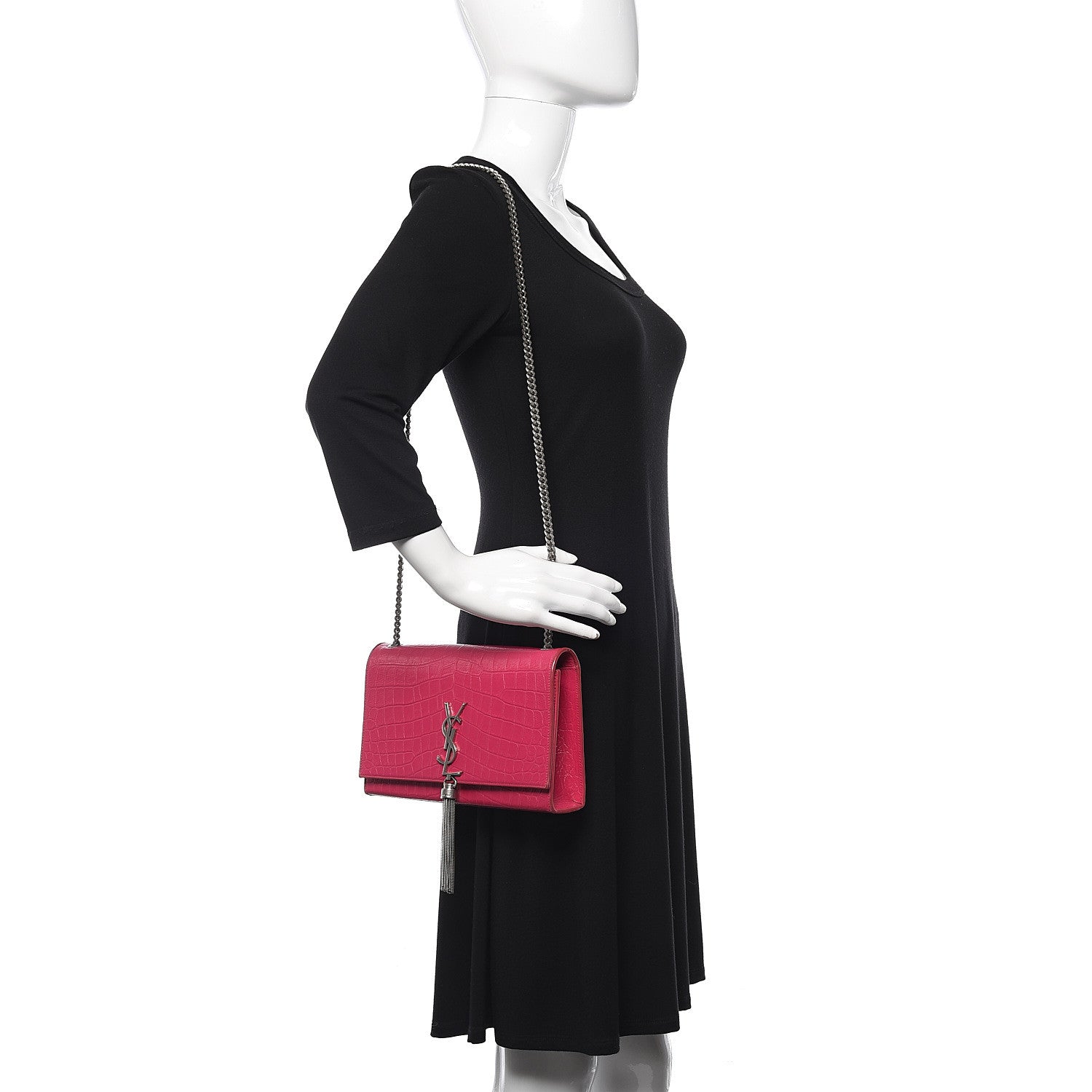 Saint Laurent Calfskin Crocodile Embossed Medium Classic Monogram Kate Tassel Satchel Fuchsia 2 of 15
