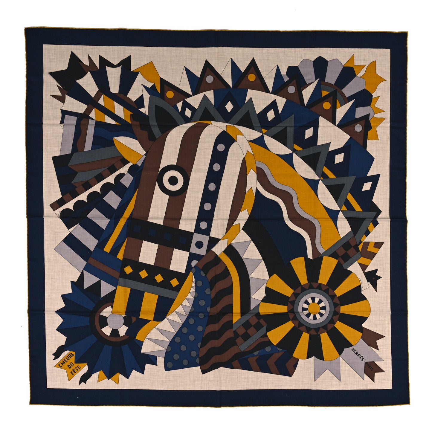 Cashmere Silk Cheval De Fete Shawl 140 Naturel Marine Moutarde