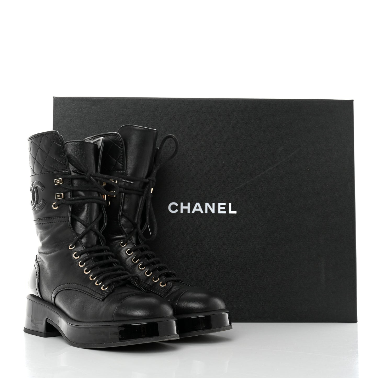 Lambskin Patent Calfskin Quilted CC Lace Up Combat Boots 37 Black