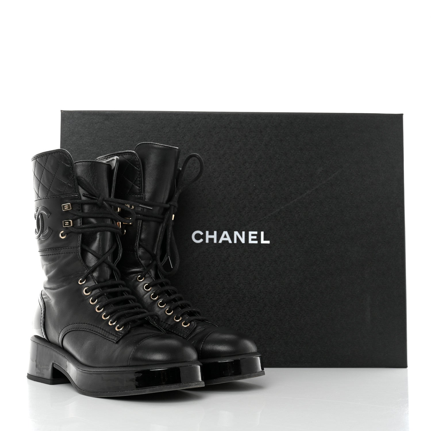 Chanel Lambskin Patent Calfskin Quilted CC Lace Up Combat Boots 37 Black 12 of 12