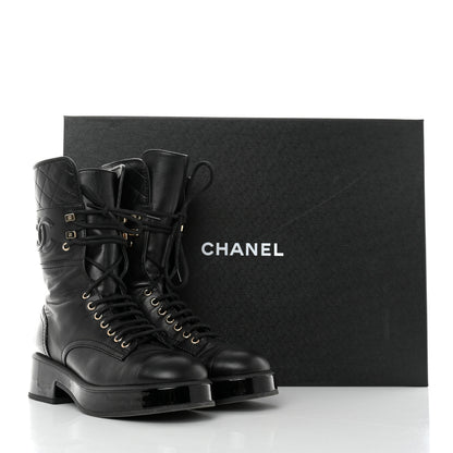 Chanel Lambskin Patent Calfskin Quilted CC Lace Up Combat Boots 37 Black 12 of 12