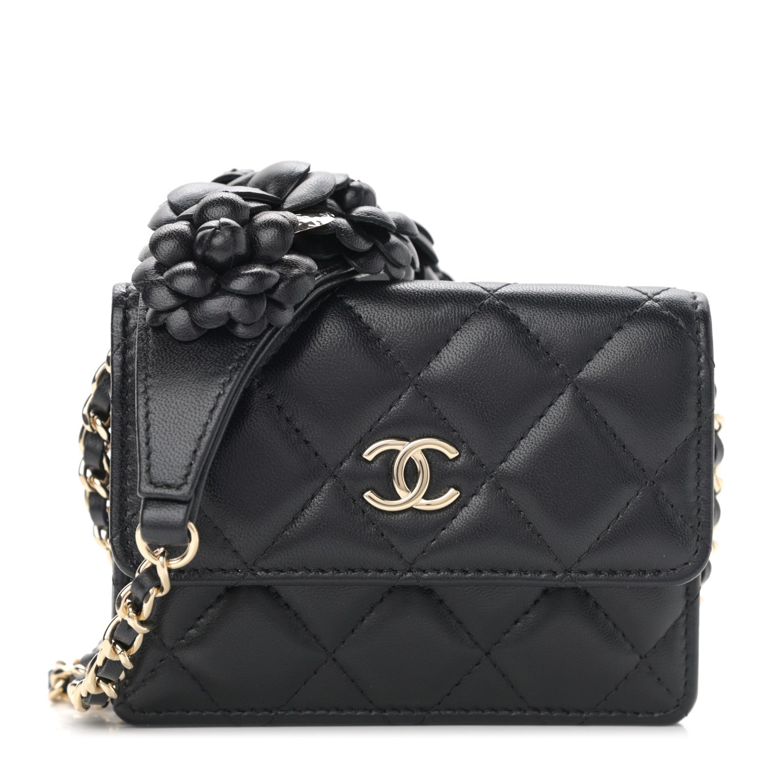 Chanel Lambskin Quilted Camellia Card Holder On Chain Black 1 of 13